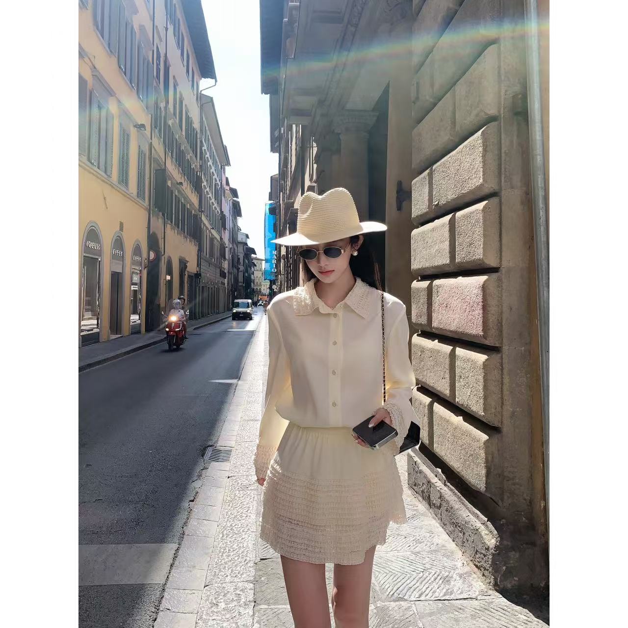 【盒子专享】蝉翼月光 翻领层次感花边袖领排扣长袖开衫上衣