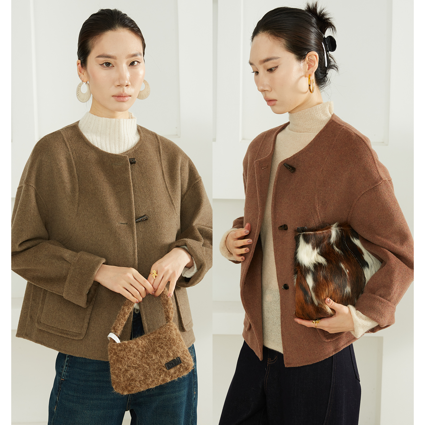 SILVIYE羊毛羊绒定染五股花纱双面呢大衣女夹克短外套冬WT52506