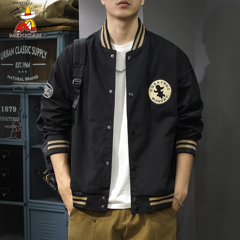Mexican/稻草人秋季新款痞帅棒球服男士纯棉外套美式休闲飞行夹克