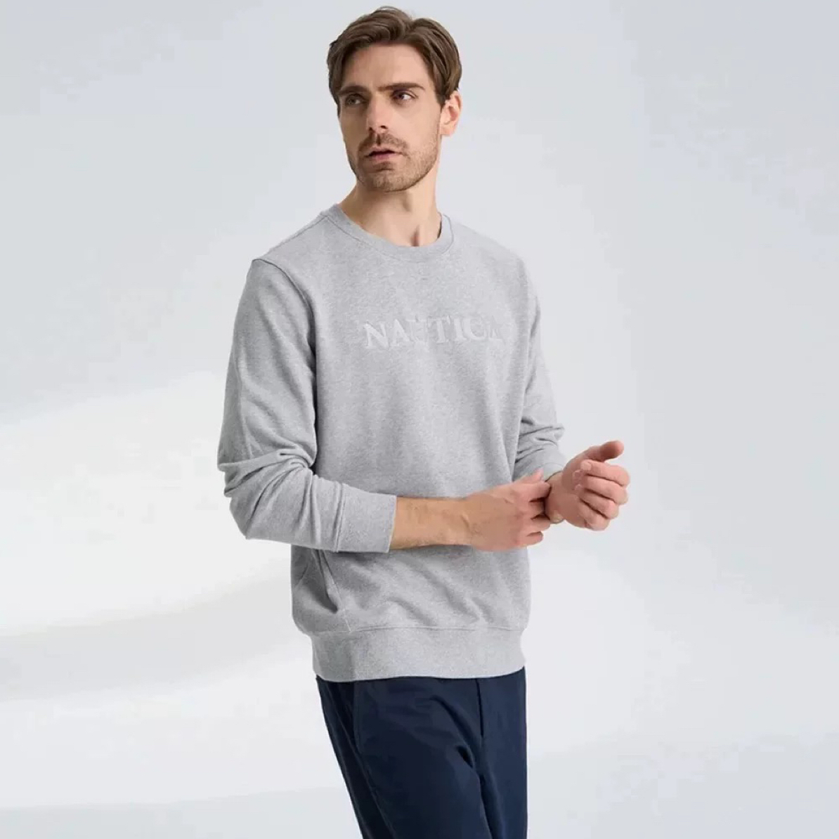 诺男装春秋款休闲长袖纯棉透气套头带弹圆领卫衣