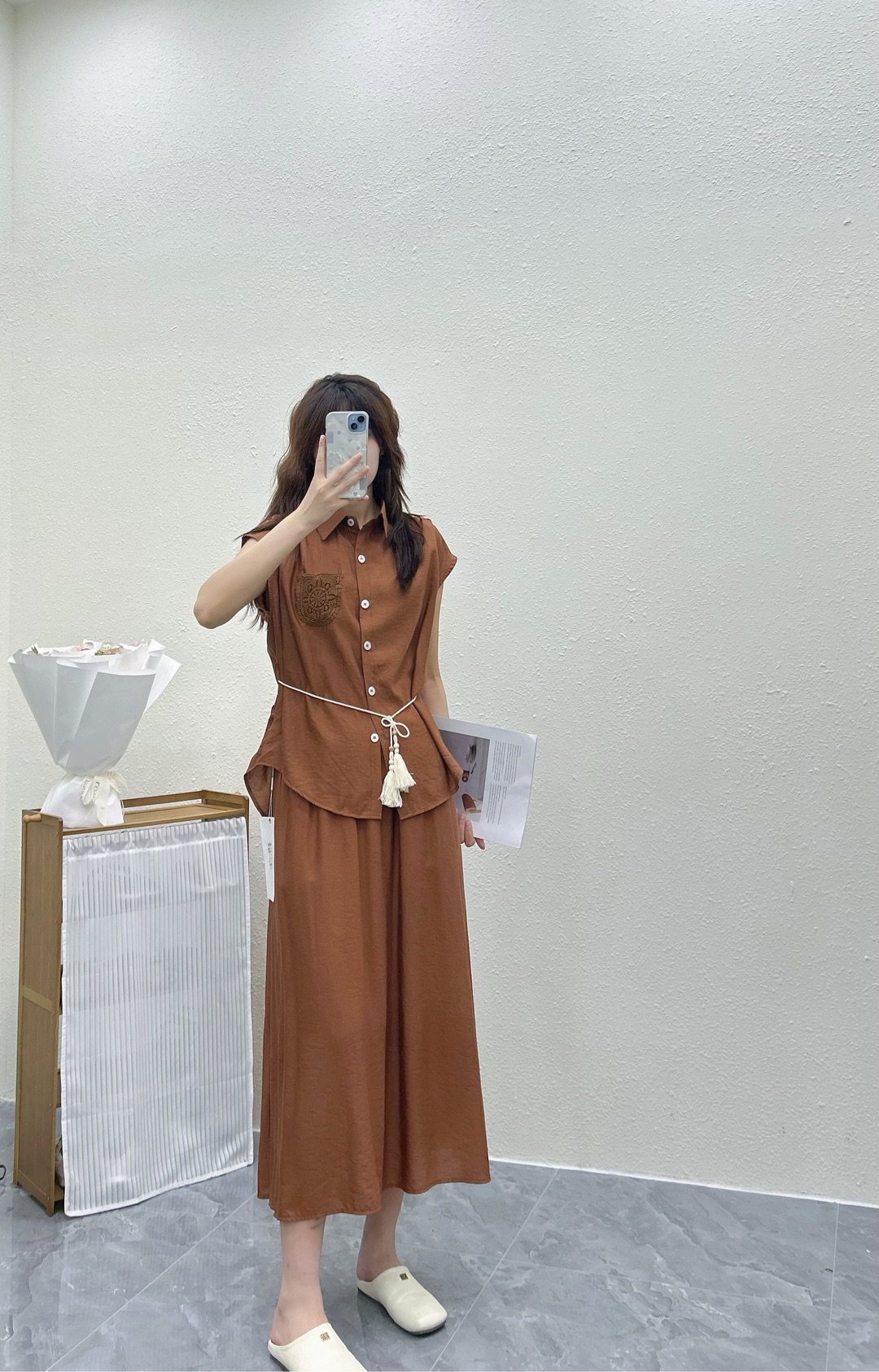 夏季气质显瘦舒适透气纯色宽松中长款上衣休闲套装轻奢女装 时尚