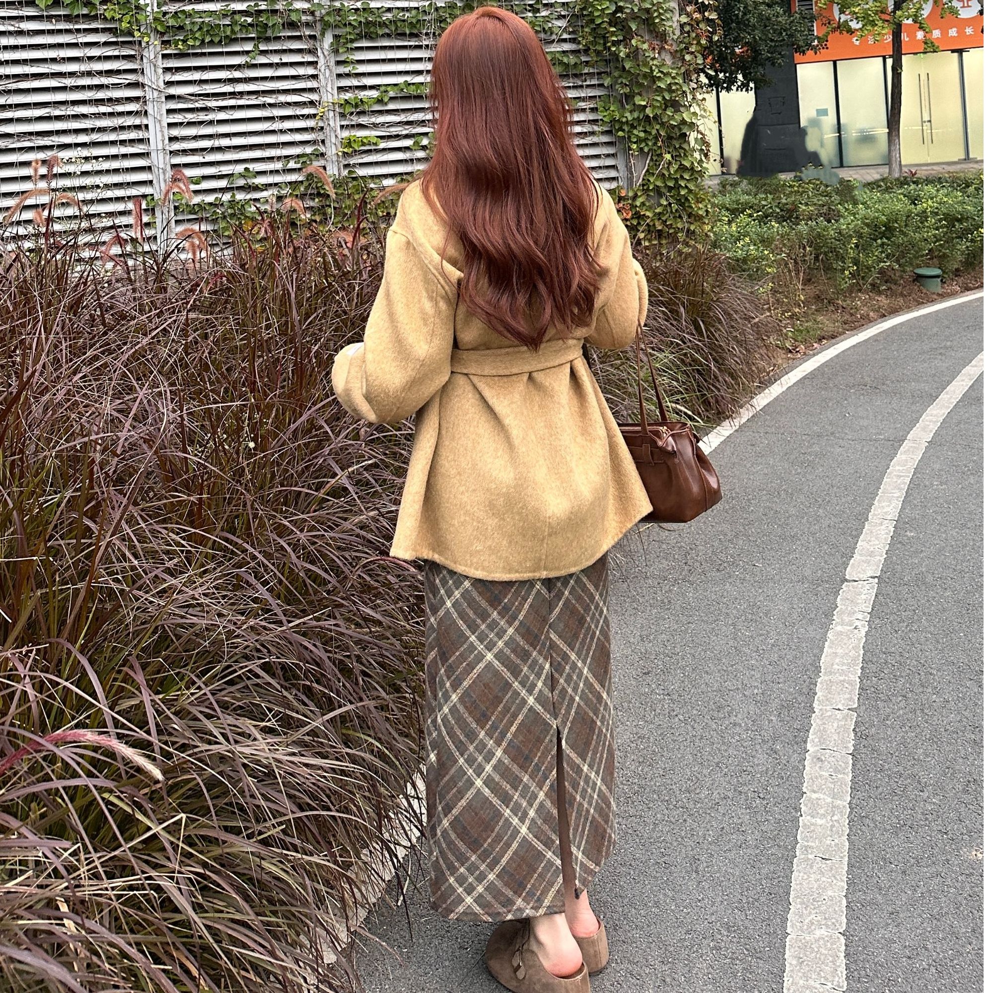 立领双面羊绒大衣女小个子秋冬韩版气质宽松收腰羊毛呢外套中长款