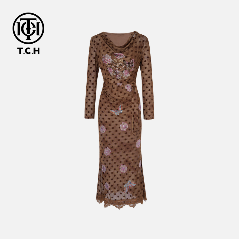 TCH秋装烫钻时尚休闲百搭蝴蝶连衣裙女T75C30E1068轻奢tch