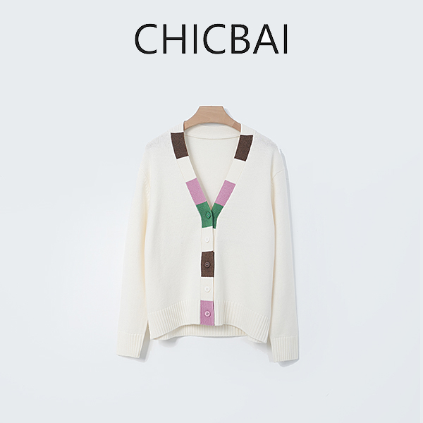 CHICBAI 彩虹门襟拼色羊毛开衫A006