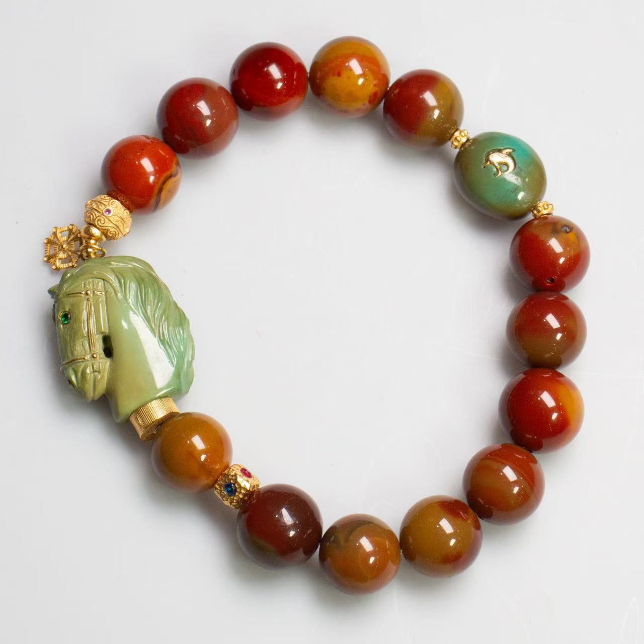 【壹芳珠宝】天然原矿包浆南红精雕马到成功18k金镶单圈10mm