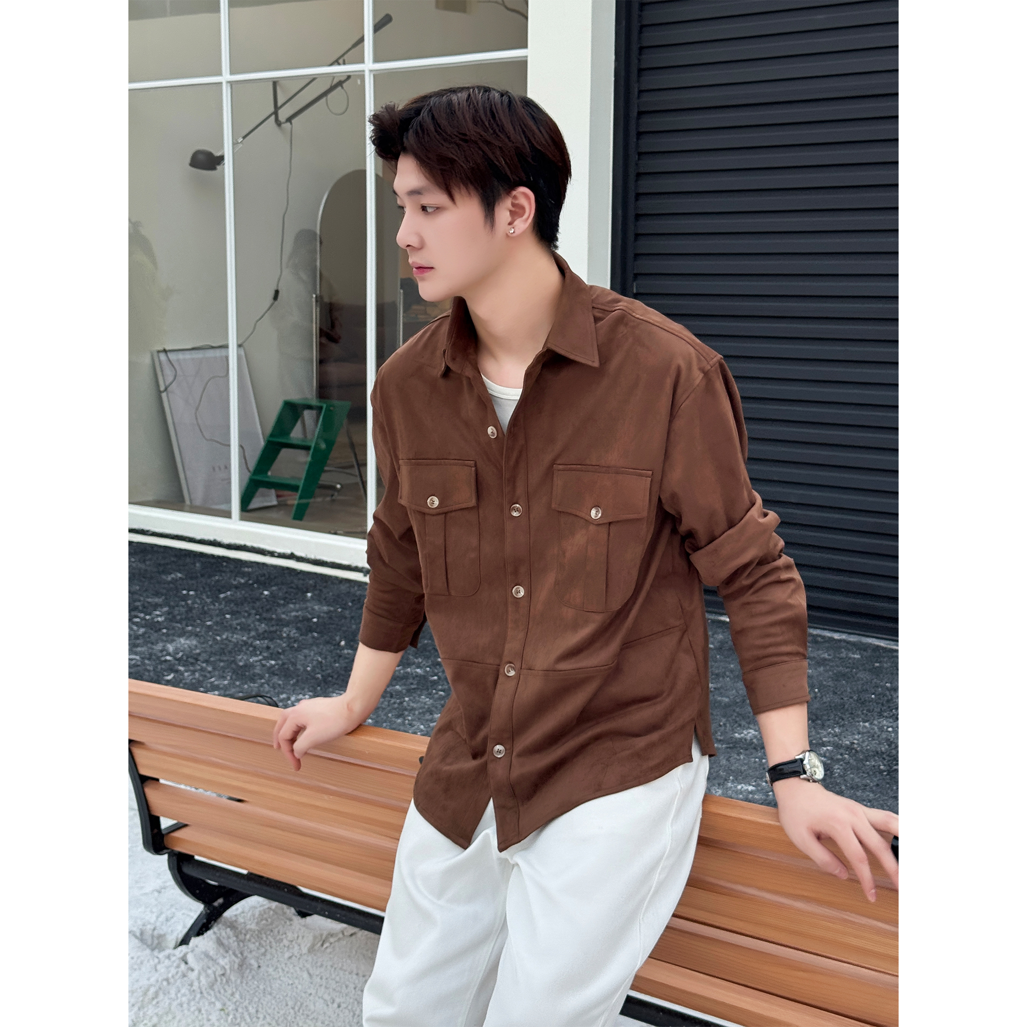 「琥珀流光」秋季麂皮质感美拉德长袖衬衣复古工装男士休闲百搭夹克