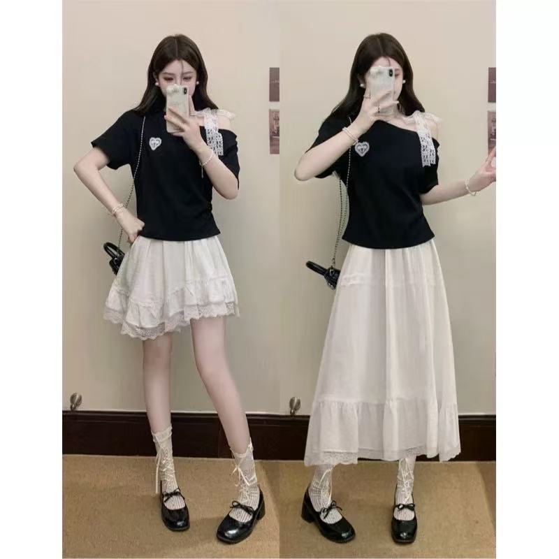 夏季新款显瘦小众设计感拼接蕾丝斜肩时尚套装百搭T恤半身裙99235