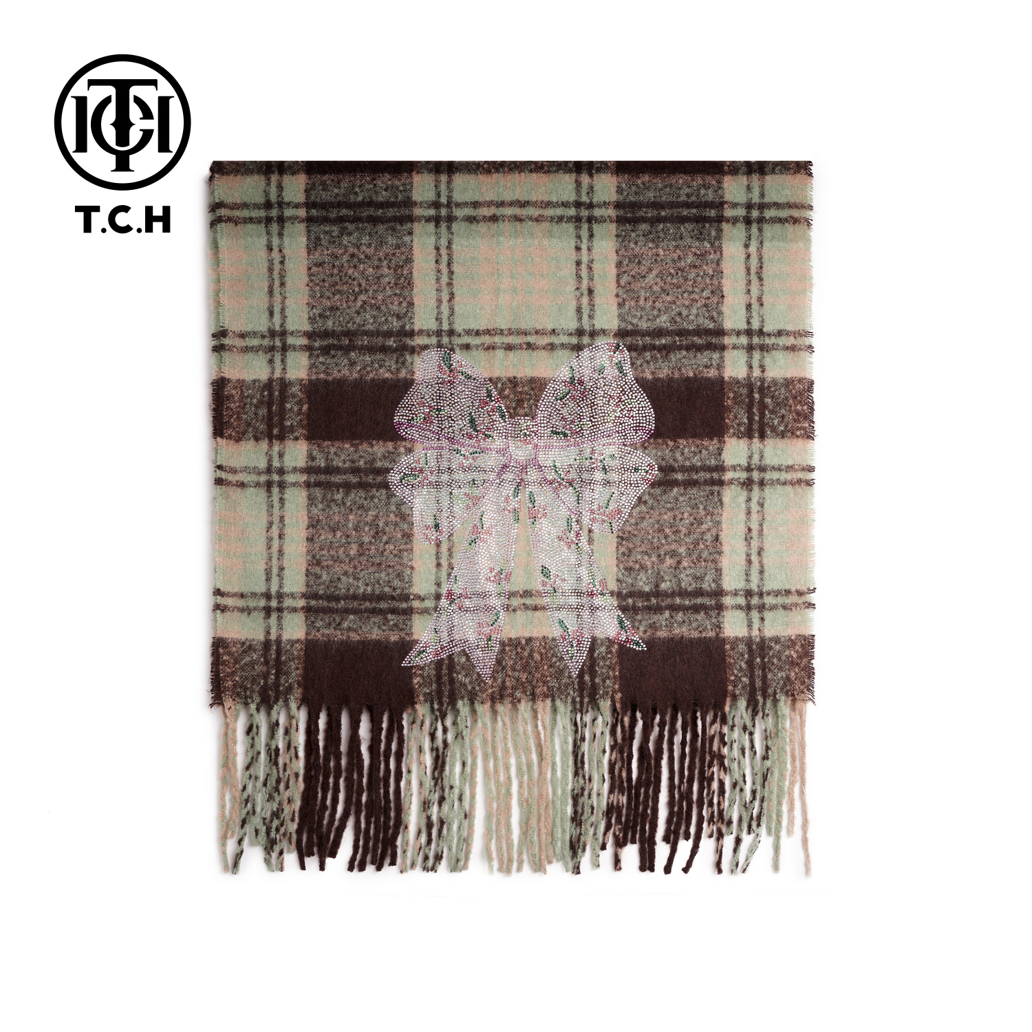 TCH轻奢蝴蝶结烫钻秋季时尚格子百搭披肩围巾女私服T75D45E5001