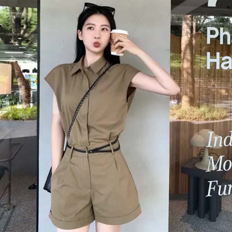 【两件套】【送腰带】老钱风简约衬衫+短裤套装D2685