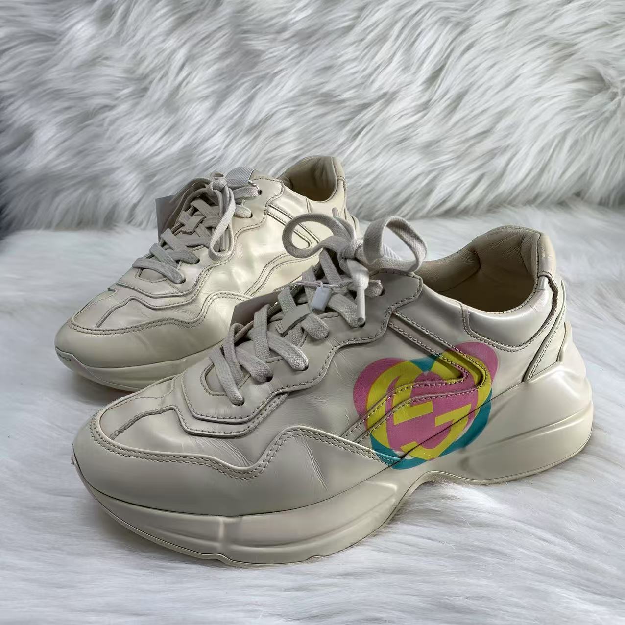 95新 GUCCI/古驰 36码/Seven女鞋/白色爱心logo厚底老爹鞋 xxs806