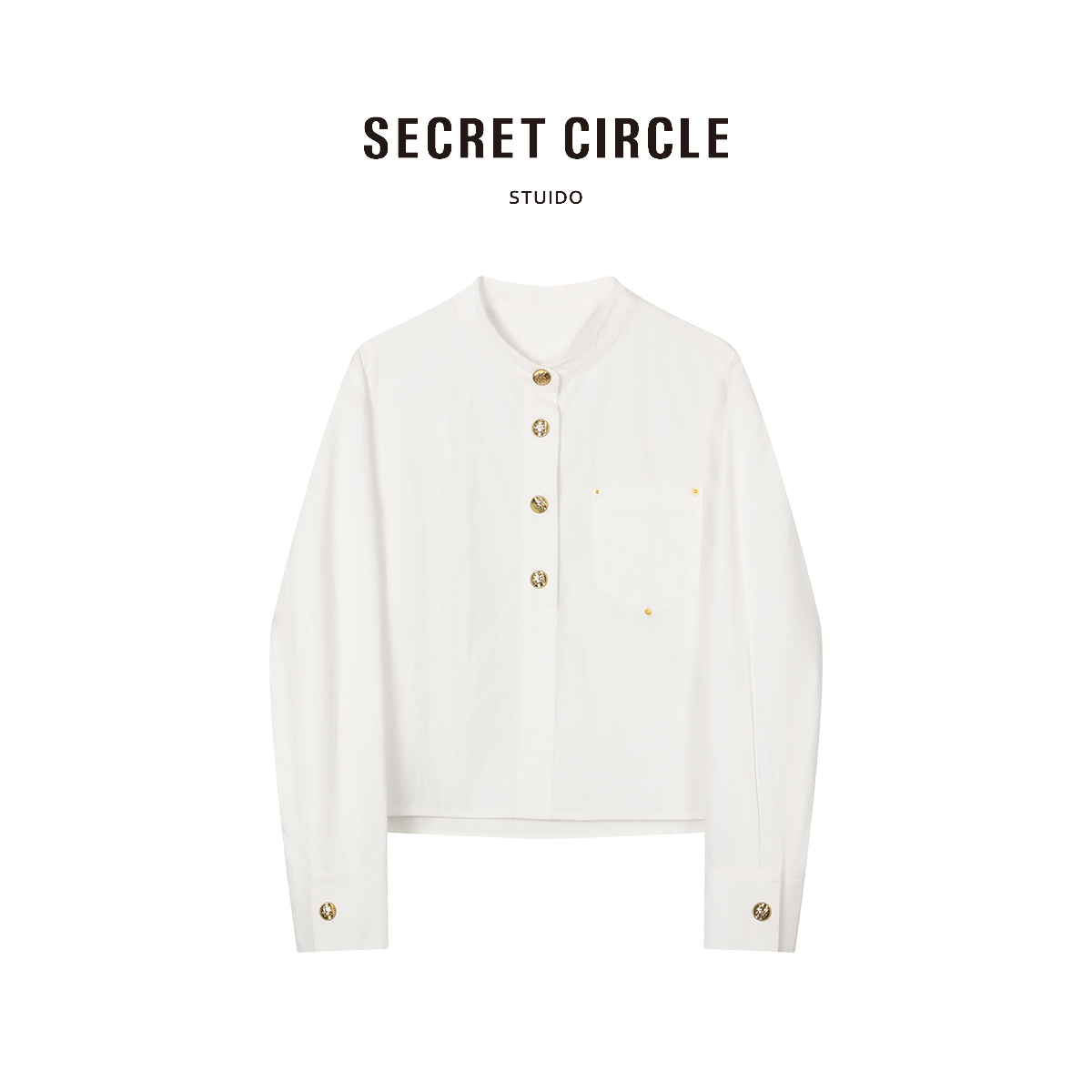SECRET CIRCLE·秘社 100棉金色排扣长袖小立领无领衬衫19138