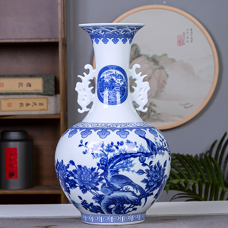 鸿轩景德镇陶瓷青花双耳大号赏瓶花瓶摆件客厅酒柜办公室装饰品