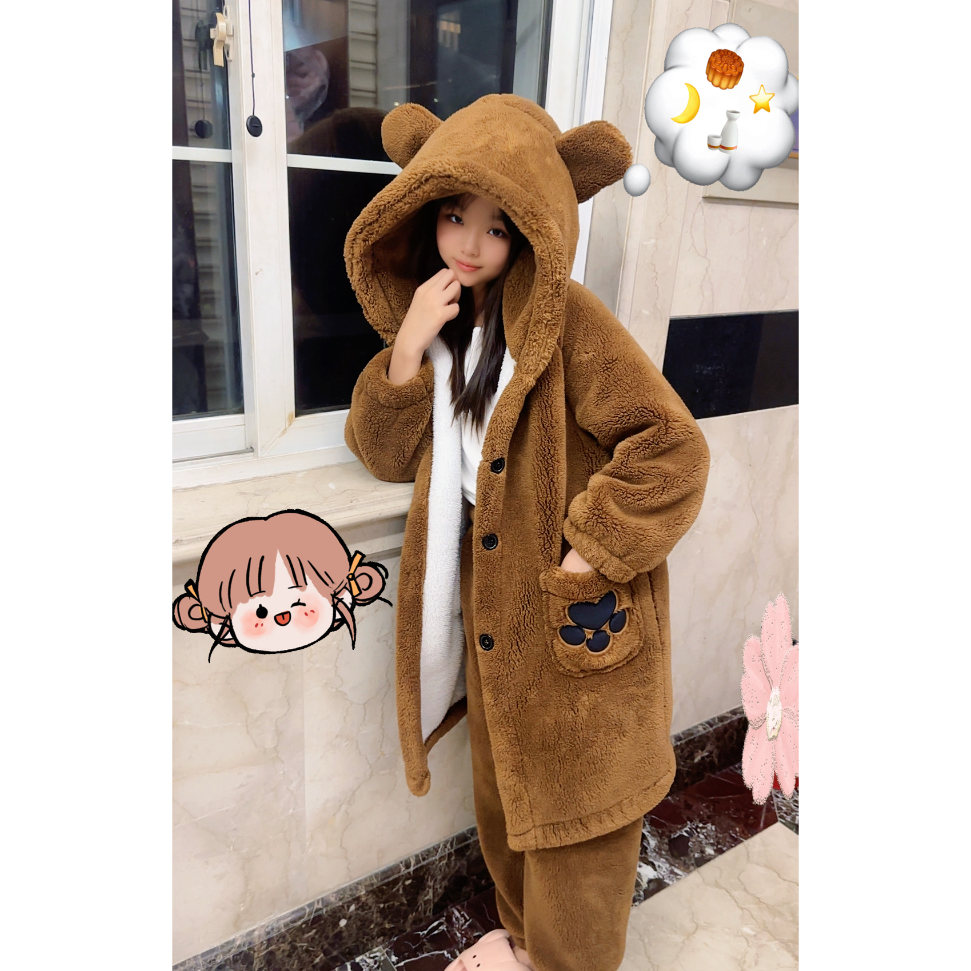 2025儿童美拉德双层加厚男女同款毛绒睡衣连帽宽松中长款可外穿