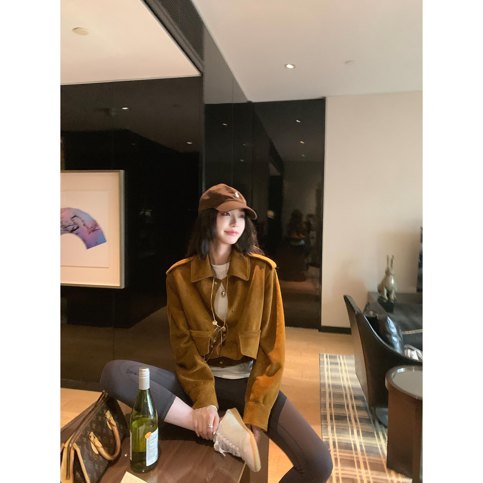 区区欧阳进口牛皮真皮皮衣外套女秋季新款小个子复古短款翻领夹克