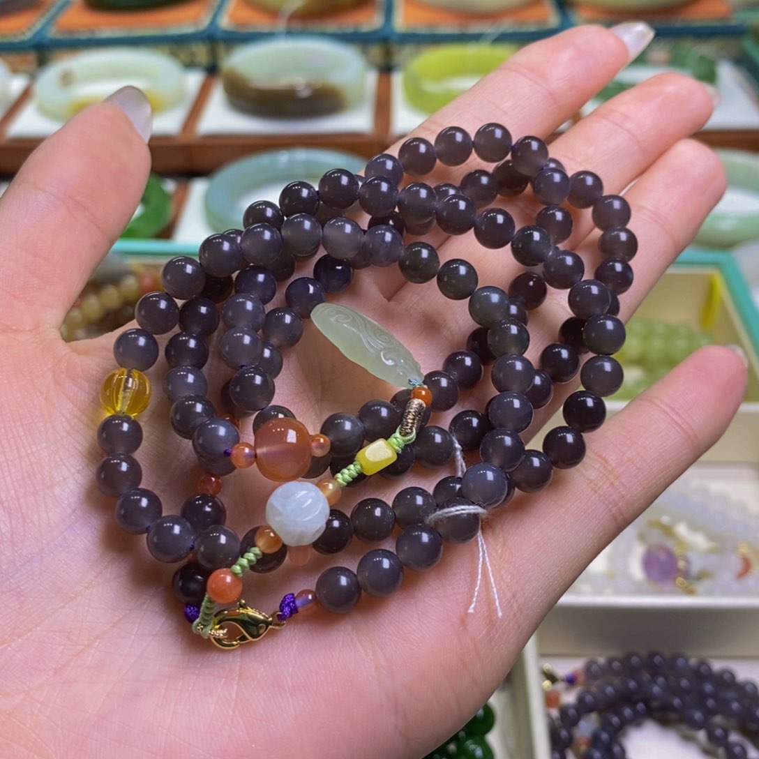 和田玉手镯未镶嵌青海浓色烟紫项链