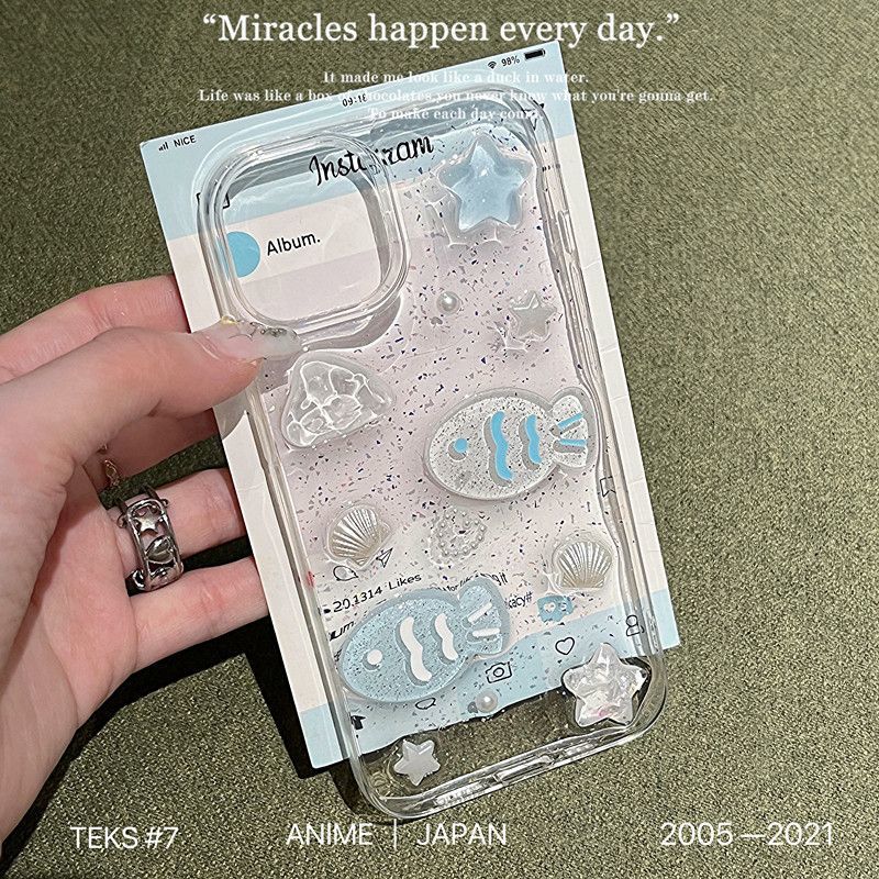 贝壳蓝色小鱼适用苹果16手机壳华为 OPPO vivo 小米 荣耀滴胶软壳