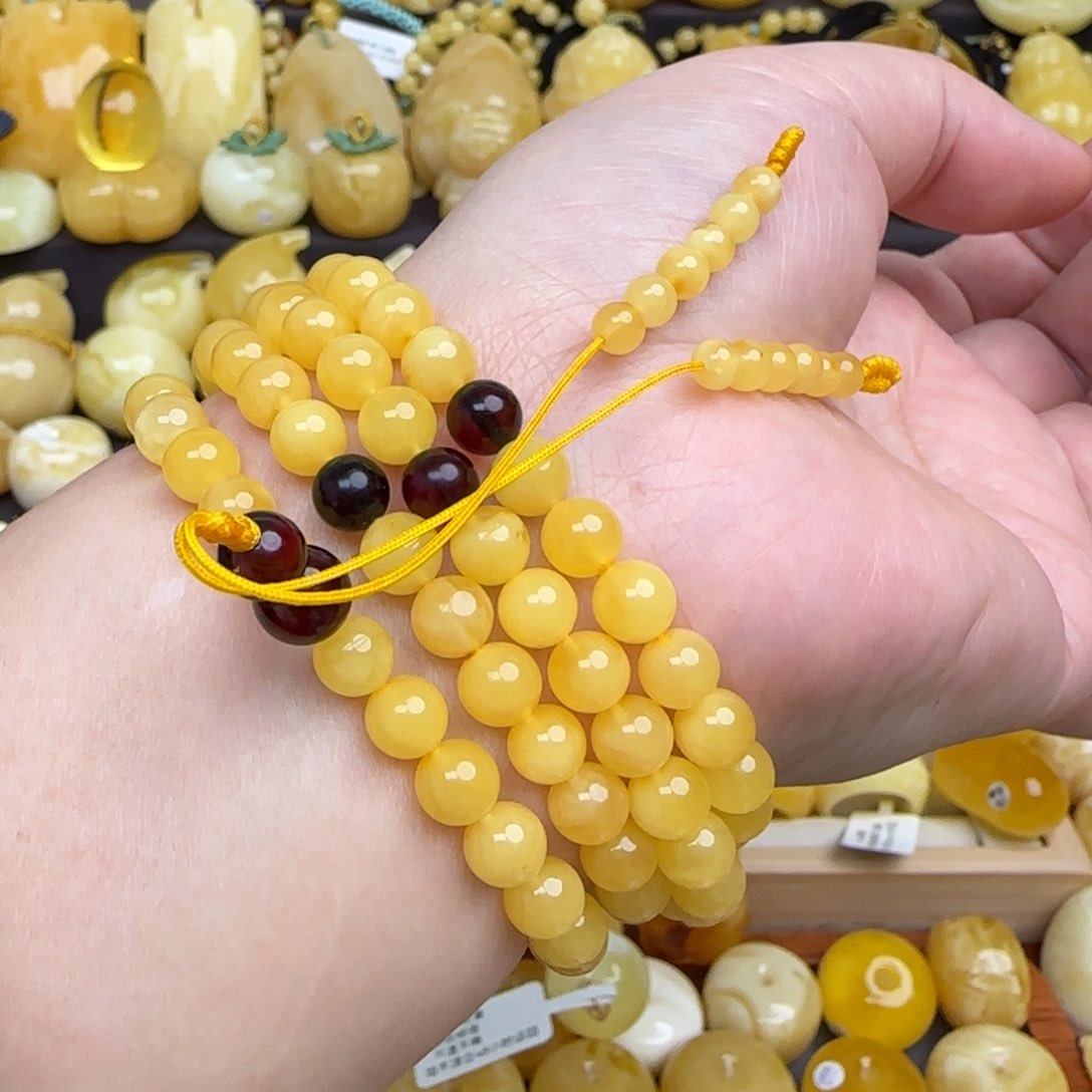 蜜蜡项链未镶嵌天然俄料鸡油黄蜜蜡108粒项链