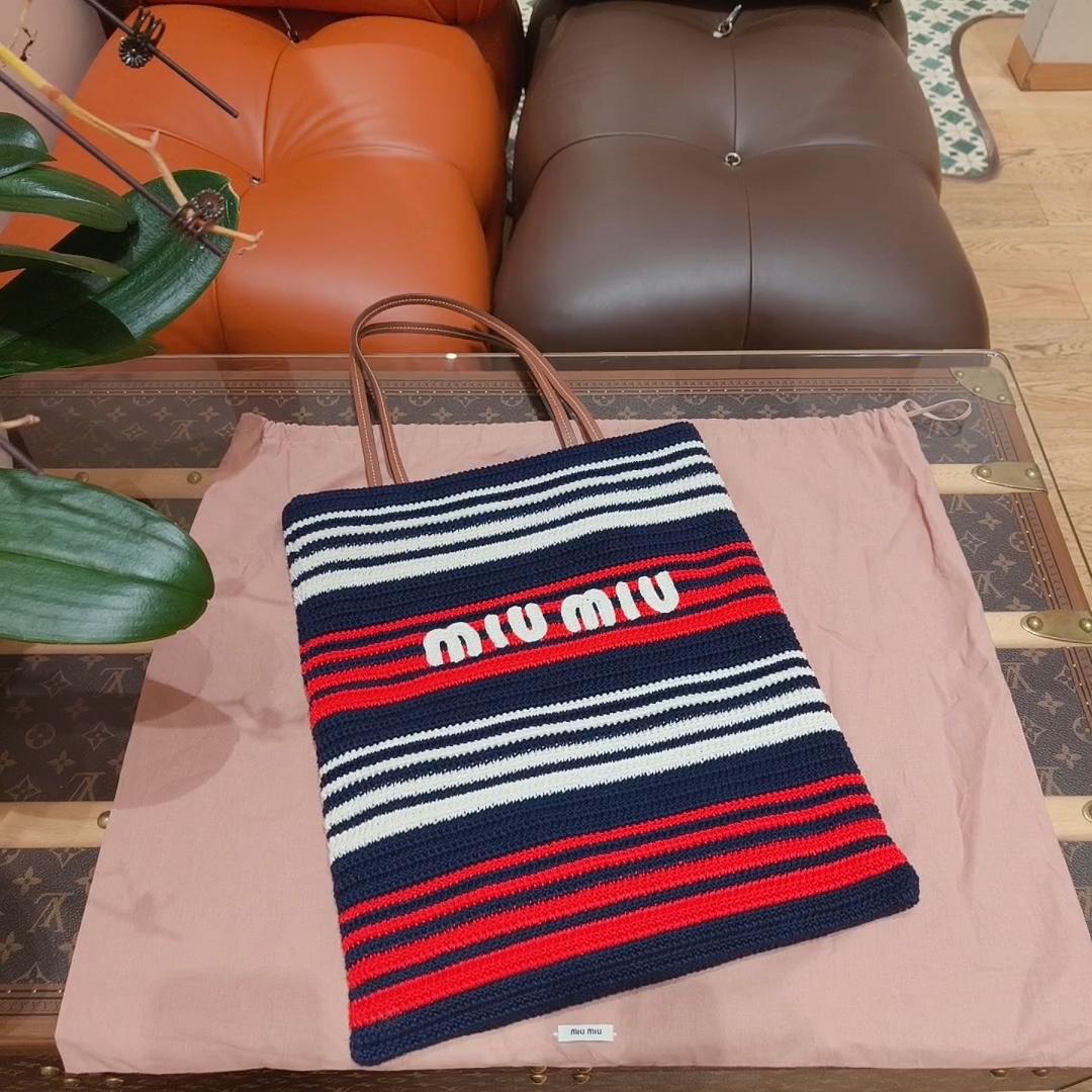 99新 MIU MIU/缪缪  红白拼蓝色条纹编织tote托特手提包