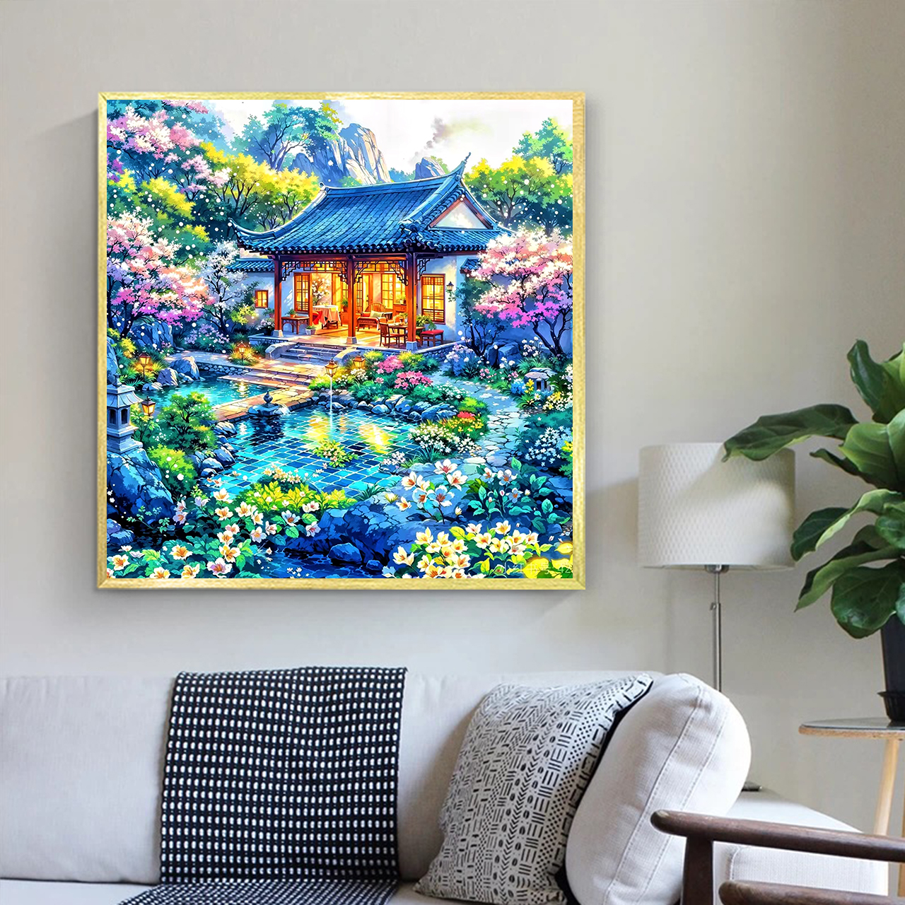 百丝特【夏夜幽居】树脂方钻钻石画古风房屋风景
