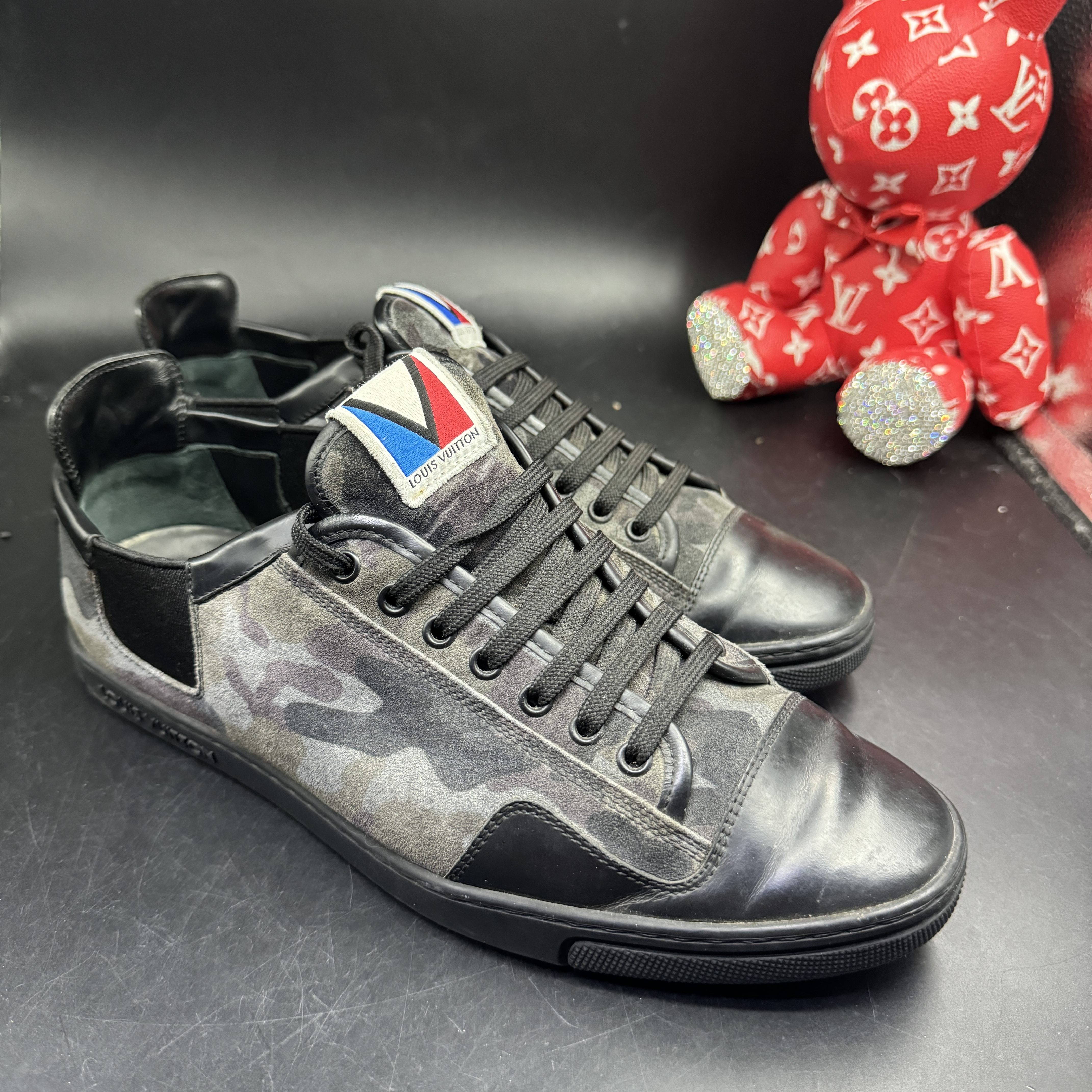 95新 GUCCI/古驰 【AO特惠】41欧码 男士灰色迷彩弹力织带板鞋7773