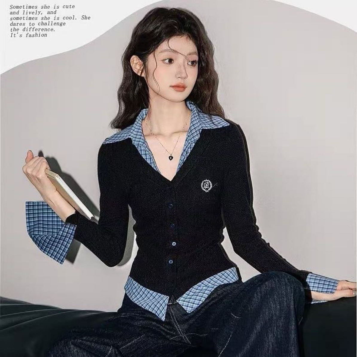 【破价+现货秒发】纯欲风V领格子拼接假两件长袖T恤女秋新款上衣