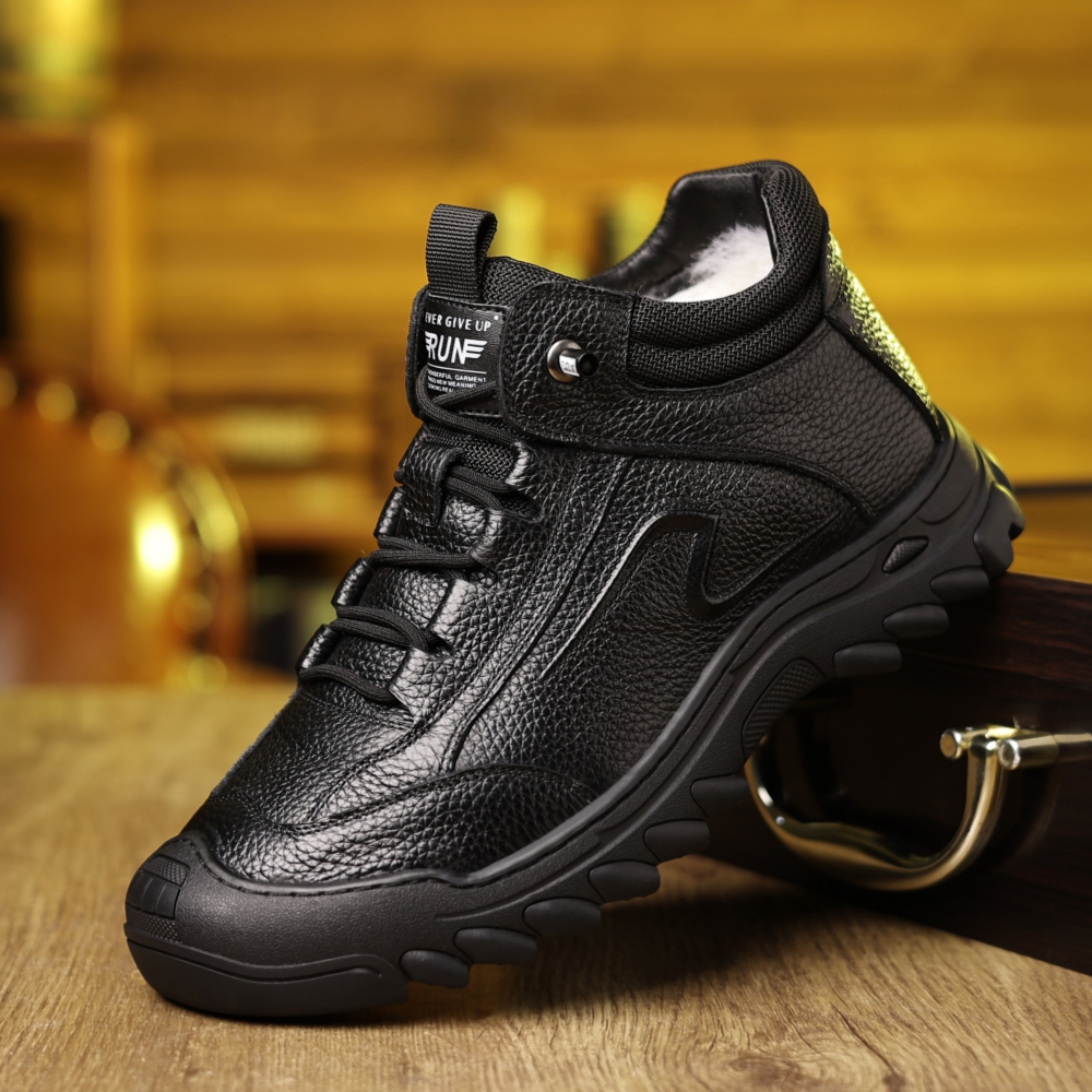 头层牛皮面料皮毛一体保暖休闲皮鞋男冬季加绒高帮加绒棉鞋防水