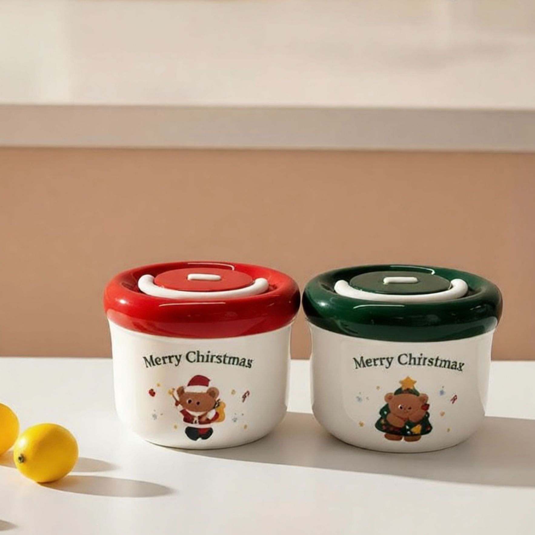 IP联名款圣诞小熊饭盒304不锈钢饭盒早餐杯燕麦杯双层饭盒