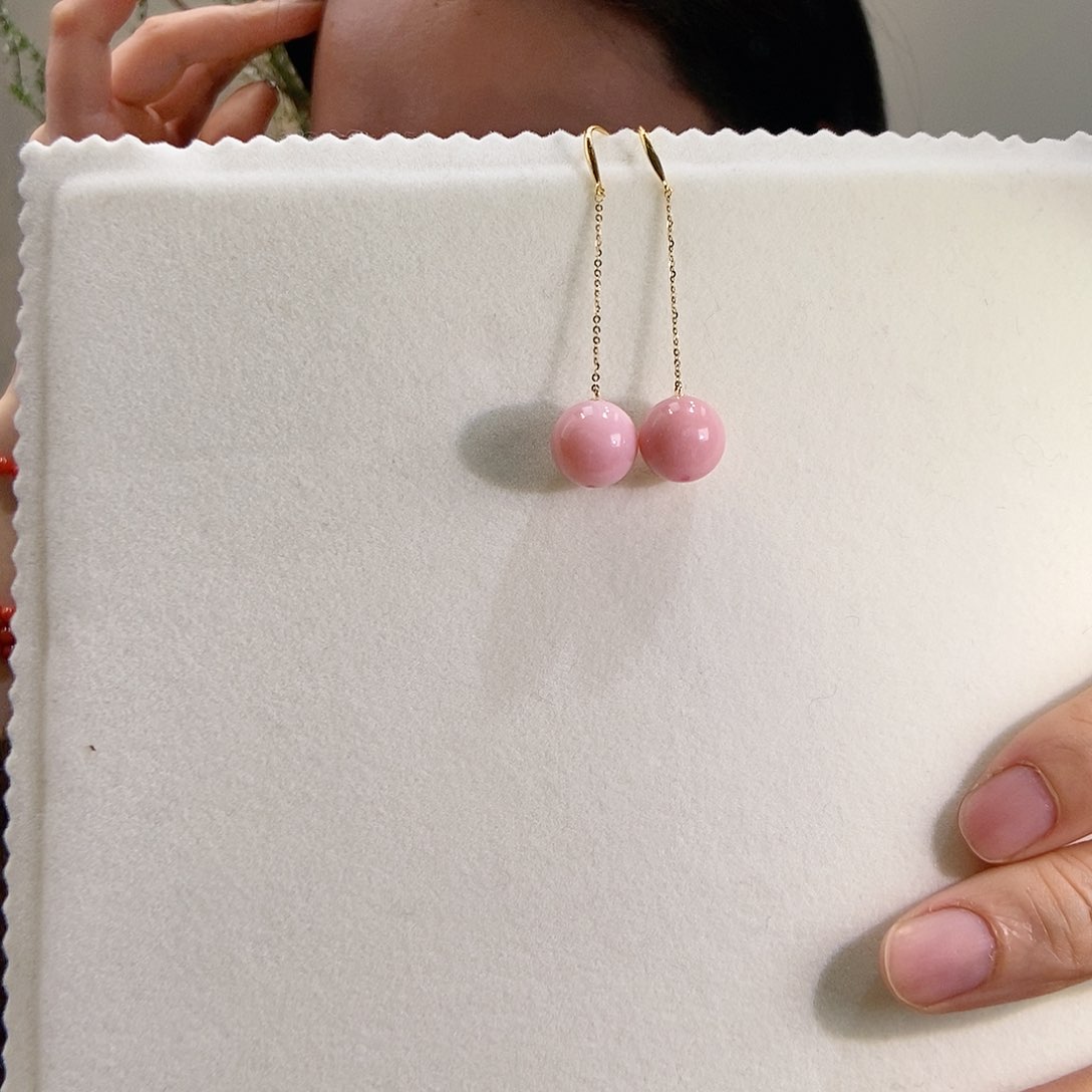 欧泊珠宝奇石18K金镶嵌「*」流苏耳坠粉澳宝