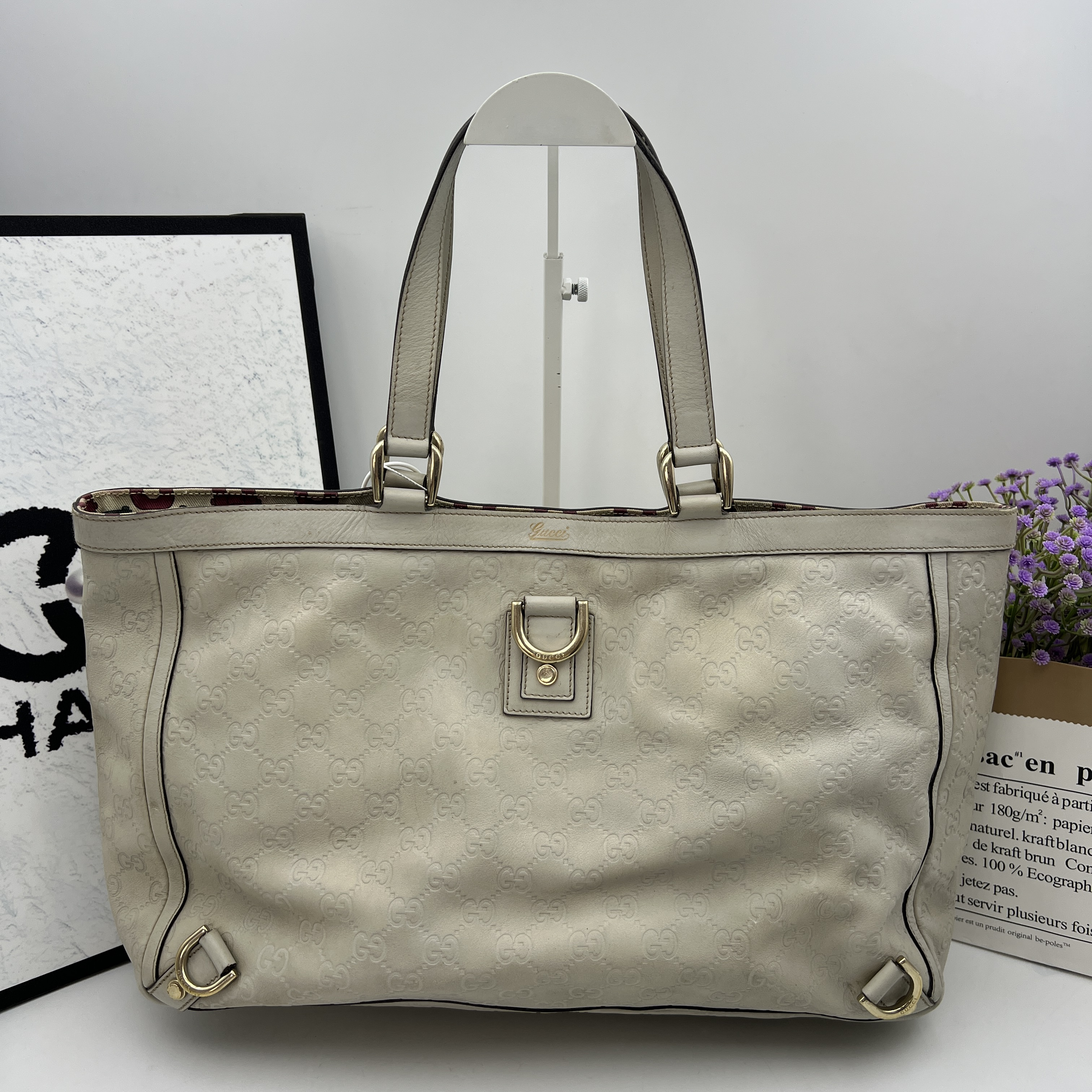 95新 GUCCI/古驰 7245/白色暗花单肩托特包