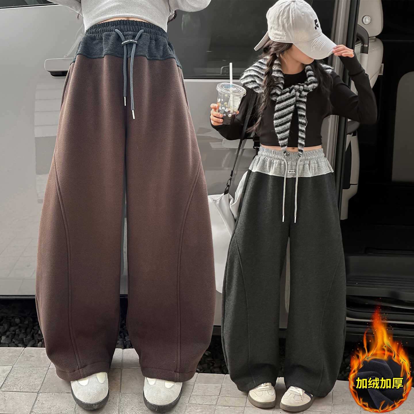 【毛妈潮牌】女童冬季时髦加绒弯刀裤2025新款中大童洋气百搭休闲裤