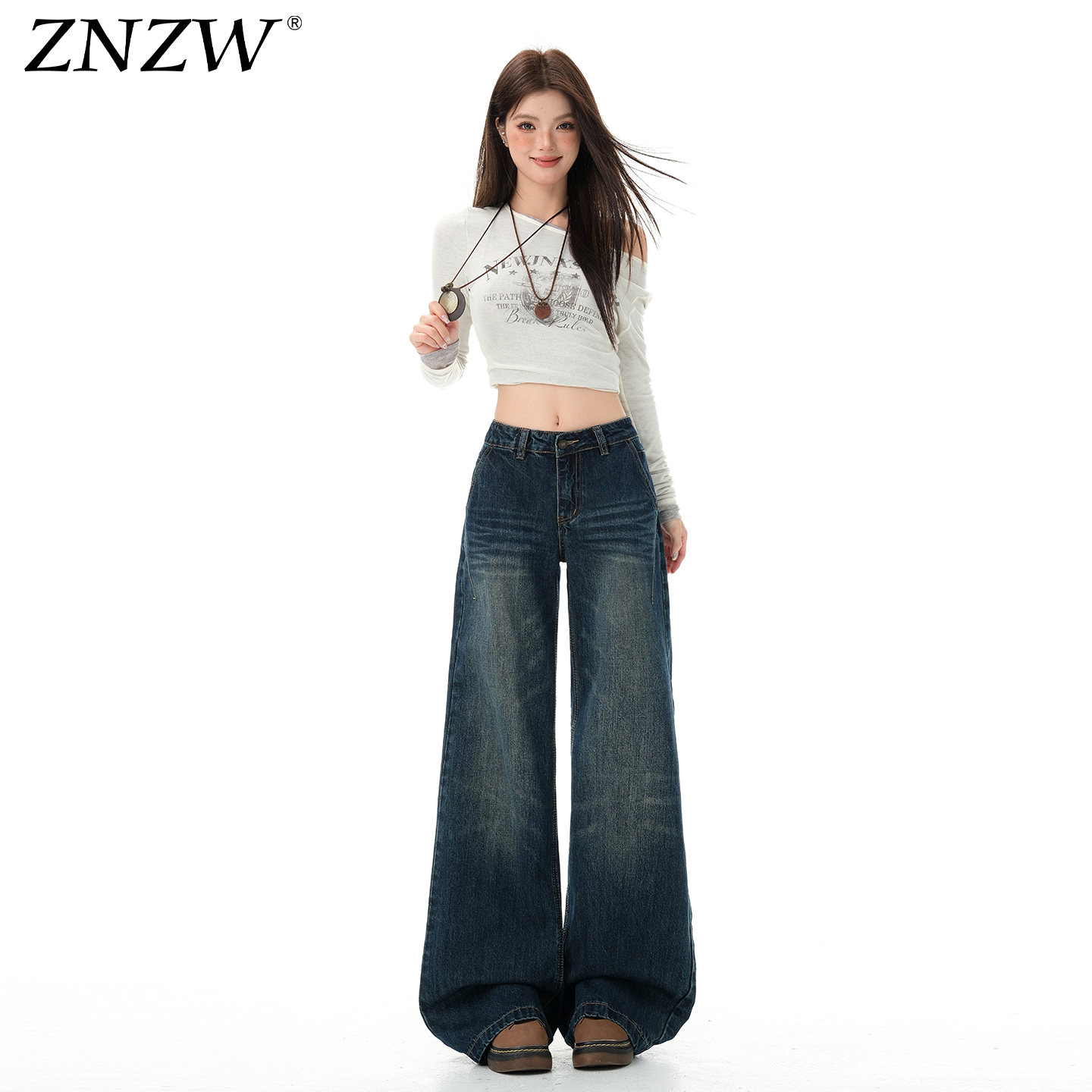 ZNZW复古蓝阔腿牛仔裤女2025秋冬新款宽松慵懒风直筒小个子裤子女