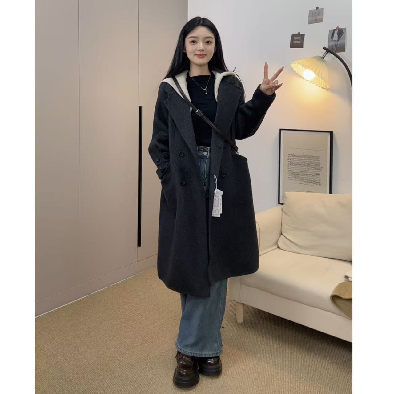 纯色连帽保暖秋冬中长款毛呢外套宽松外套气质黑色