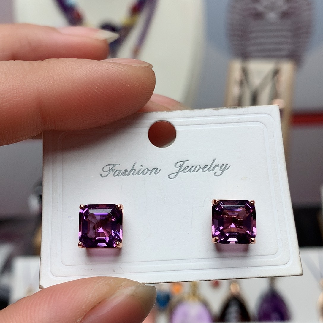 紫晶耳饰银S925镶嵌方糖