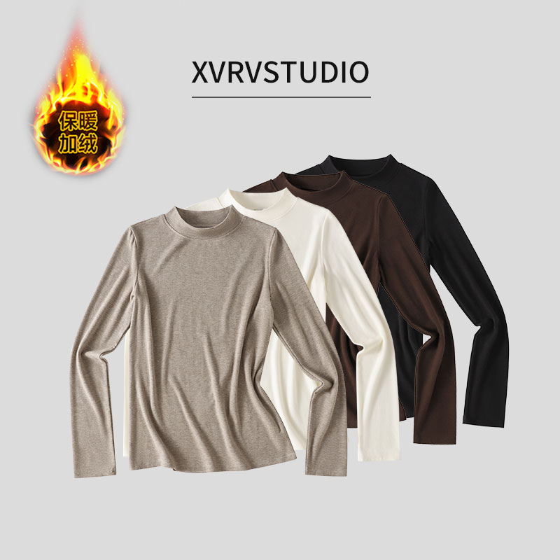 XVRV“美利奴羊毛”加绒磨毛慵懒风半高领打底衫女2025秋冬新款上衣