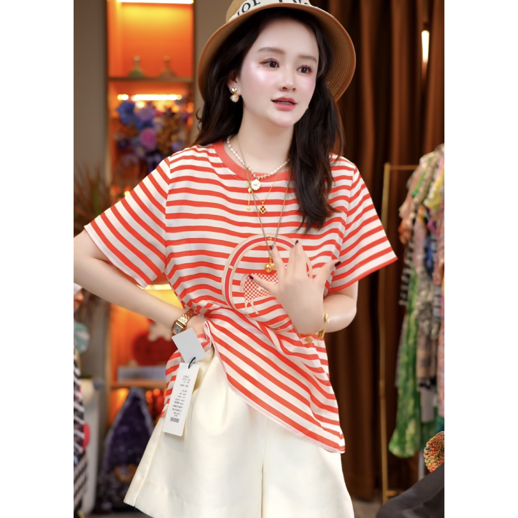 【丝芙玉禄】（A167）真丝双绉创意橙色条纹时尚显瘦桑蚕丝t恤上衣