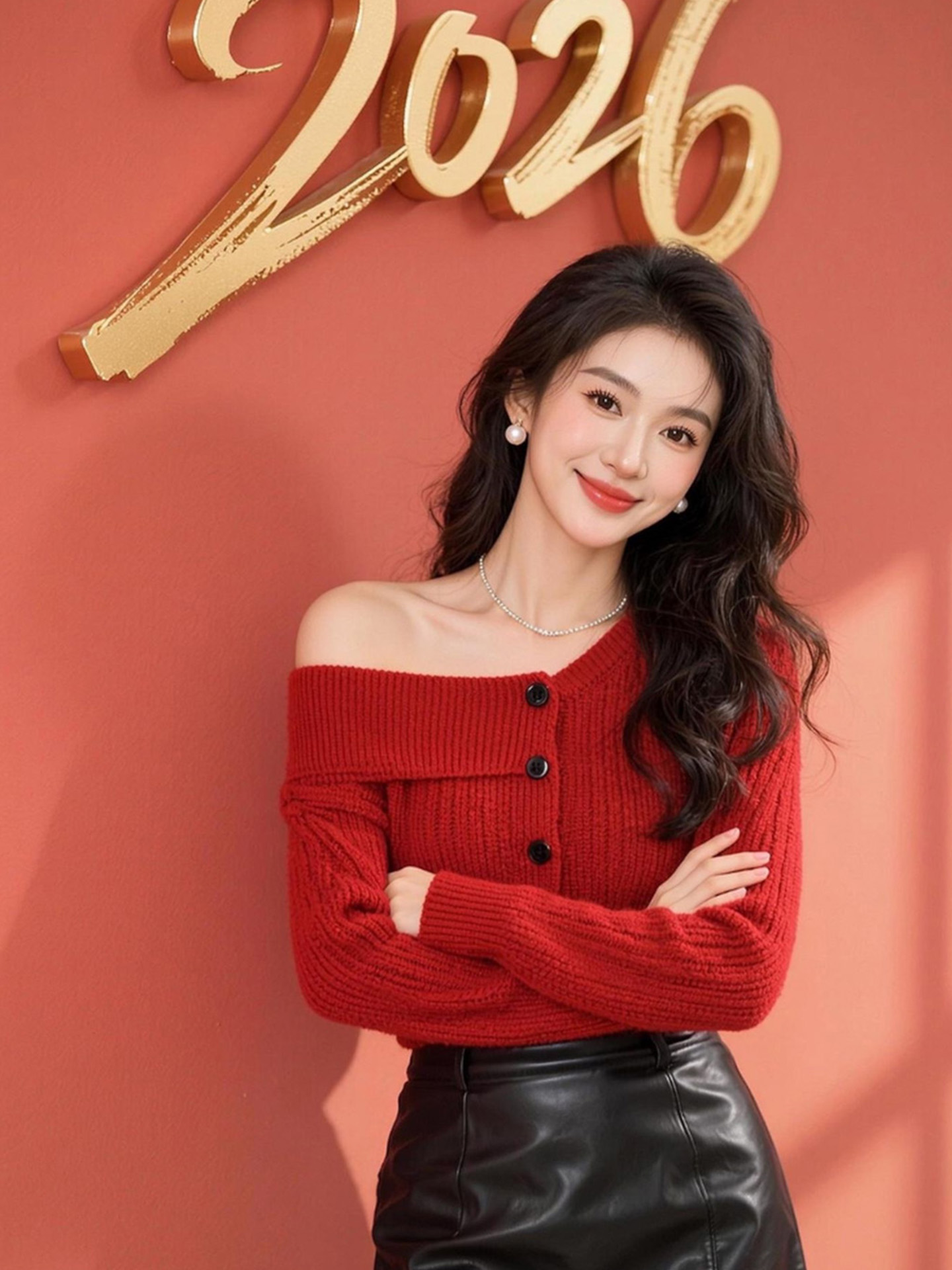 温柔风韩系一字肩针织衫2026春秋新款红色新年喜庆打底衫上衣女装