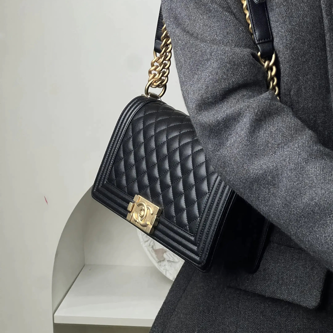 99新 Chanel/香奈儿 leboy中号黑金荔枝新款皮内单肩包/甄选