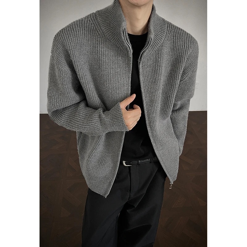 秋冬美式复古拉链立领针织开衫夹克纯色内搭修身打底衫男女款外套