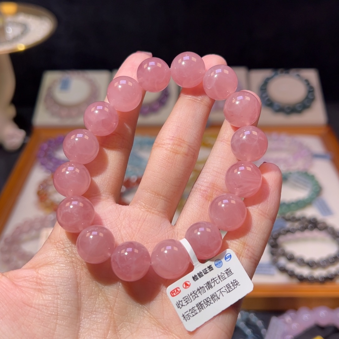 水晶手串未镶嵌13m老矿蜜桃粉