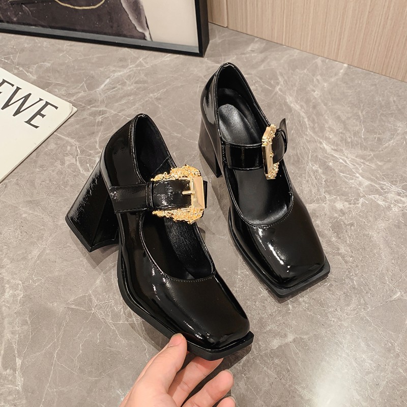 【红姐】法式玛丽珍鞋高跟鞋小个子漆皮方头粗跟单鞋女AL2025-8