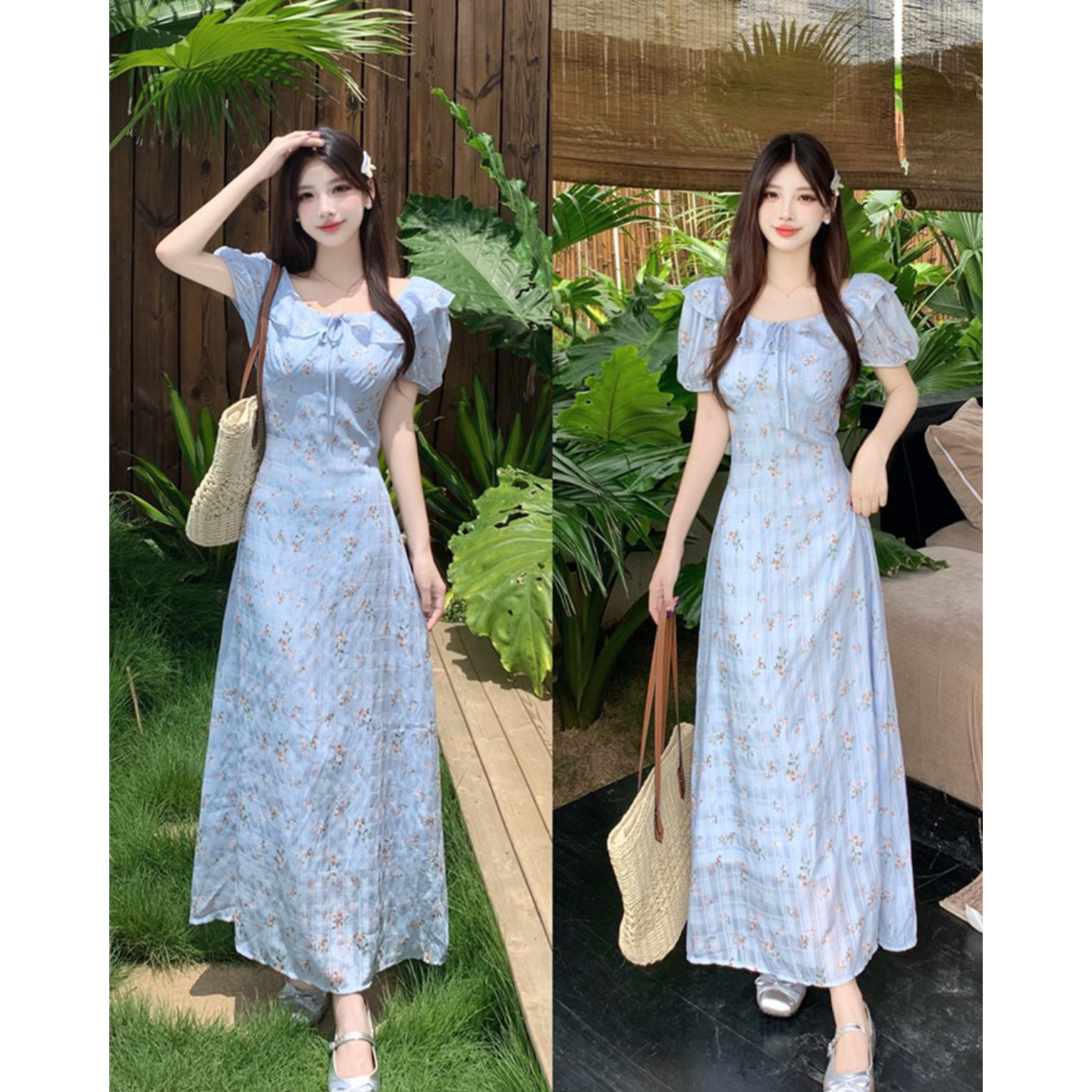 温柔系洋气蓝色碎花娃娃领收腰绑带显瘦气质连衣裙8241#
