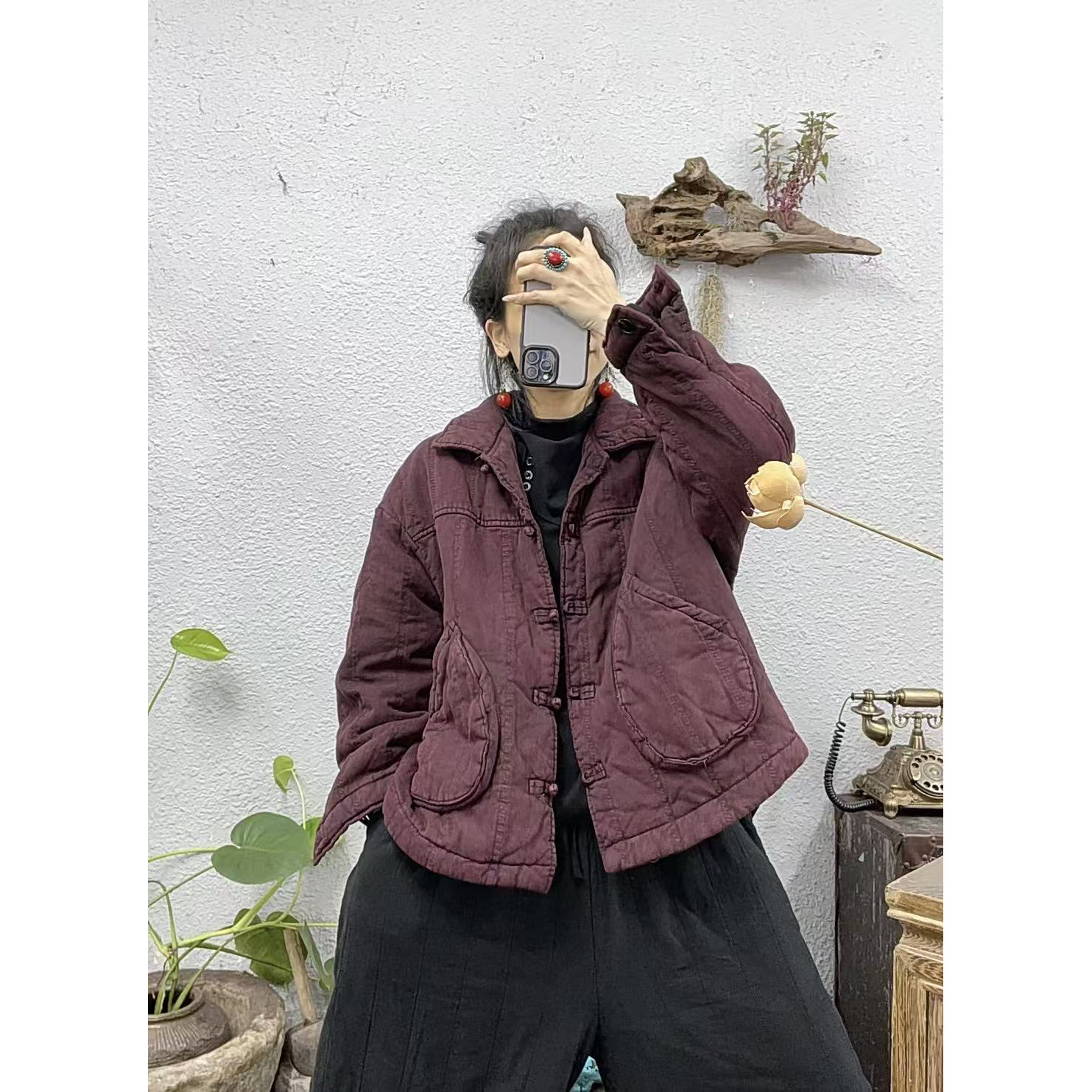 940夹棉翻领盘扣竖压半圆口袋长袖开扣棉袄上衣（前65后68胸围138