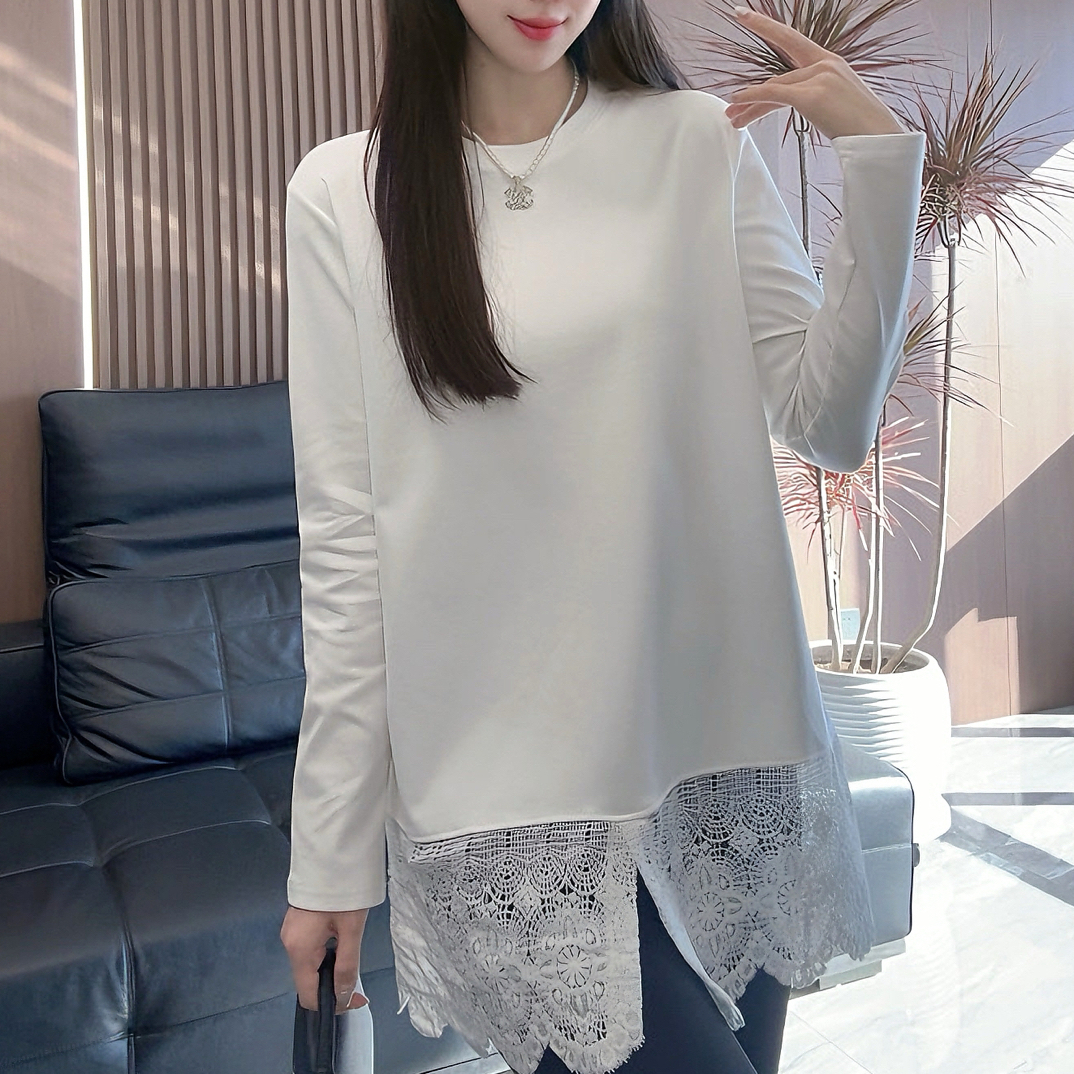 爆款加绒加厚白色长袖T恤女宽松显瘦内搭打底新款拼接时尚上衣