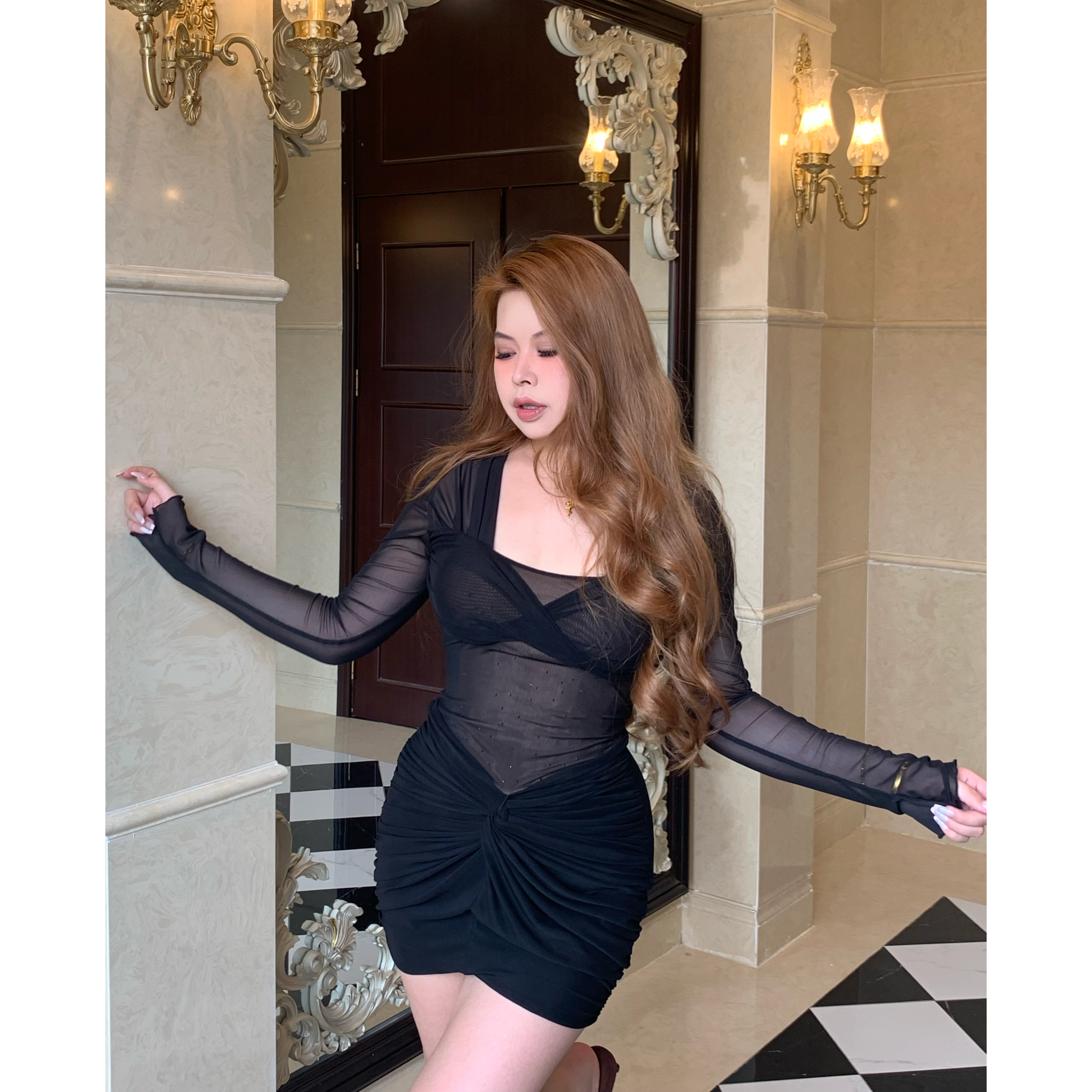 歌剧魅影 性感网纱纯欲假镂空加内衬腰间褶皱遮肉显瘦连衣裙G141