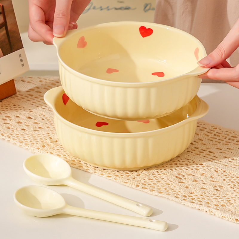 【2碗2勺】爱心双耳面碗勺宝宝辅食套装陶瓷餐具家用甜碗