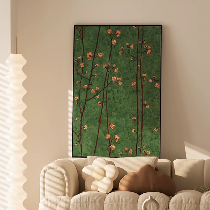 C现代绿色复古南洋风梅花枝条客厅玄关装饰画卧室壁画绿色80120