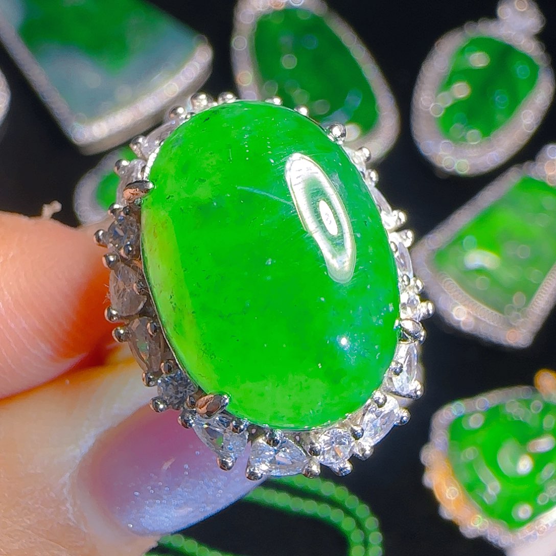 翡翠戒指银S925镶嵌天然