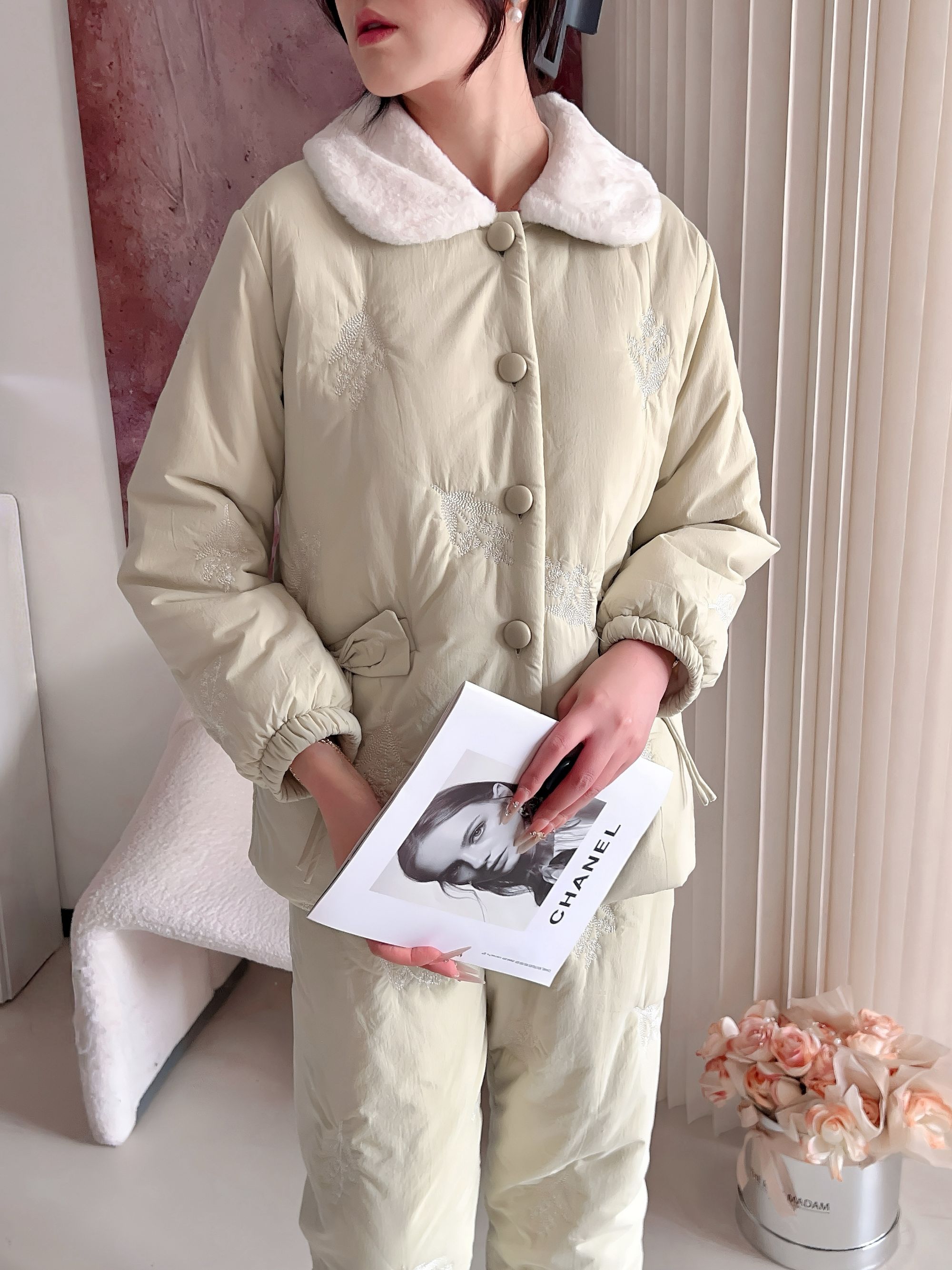 秋冬三层加厚全棉绣花夹棉保暖舒适简约女睡衣套装