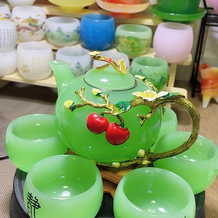 琉璃中式珐琅彩事事如意一壶六杯礼盒套装