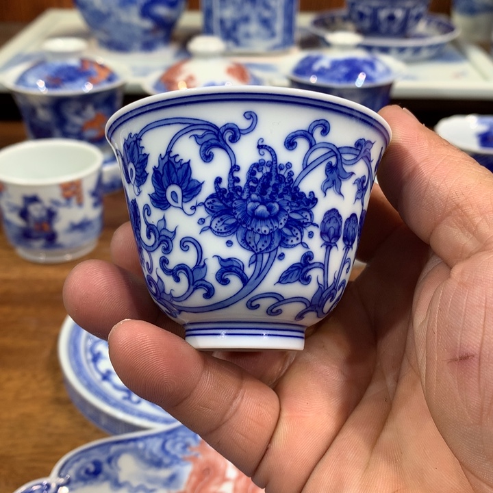 柴窑青花西番莲盖碗